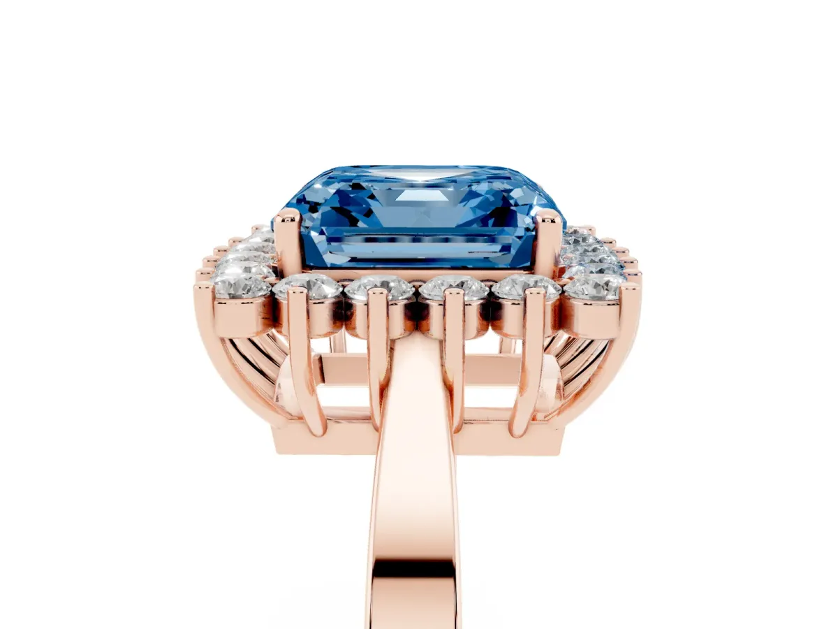 Fancy Blue Asscher Cut Cut Diamond Halo Ring with Round Brilliant Halo and Solitaire Band Rose gold
