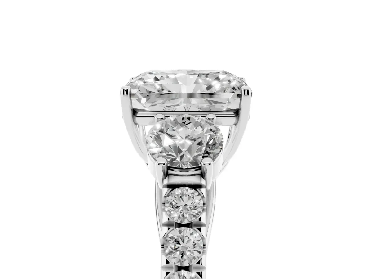 Radiant Cut Cut Diamond Three-Stone Ring with Round Side Stones and Pavé Band Silver