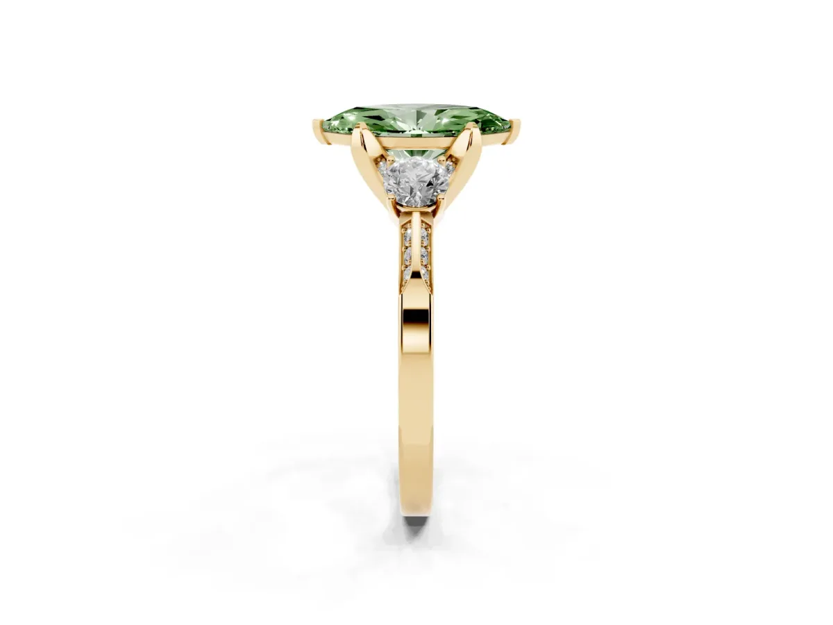 Fancy Green Marquise Cut Brilliant Three-Stone Diamond Ring with Pavé Band and Four-Prong Setting Yellow gold