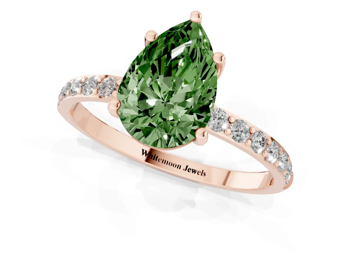 Fancy Green Pear Cut Diamond Solitaire Ring with Round Pavé Shoulders and Prong Setting Rose gold