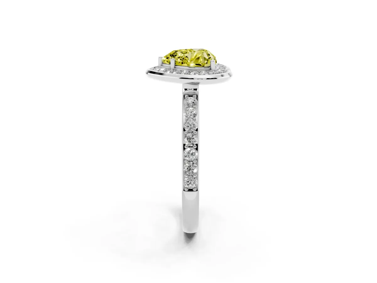 Fancy Yellow Heart Cut Diamond Halo Ring with Bezel Frame and Pavé Band Silver