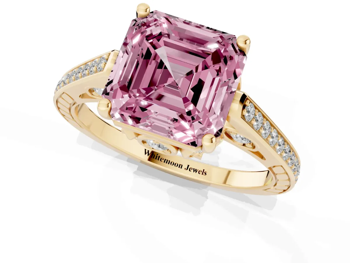 Fancy Pink Asscher Cut Cut Cathedral Pave Diamond Engagement Ring with Six-Prong Setting Yellow gold