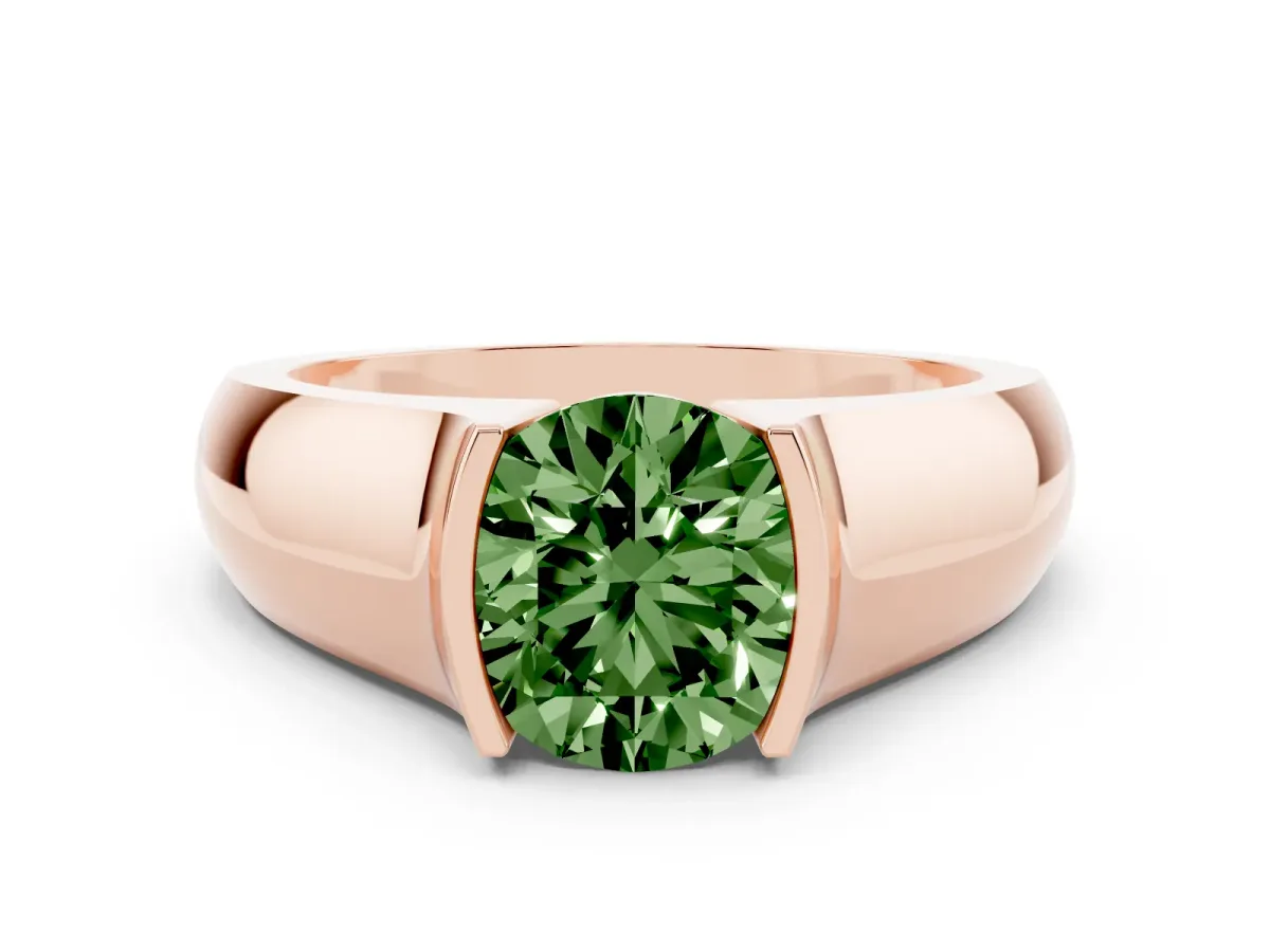 Fancy Green Round Cut Solitaire Bezel Set Diamond Ring with Wide Band Rose gold
