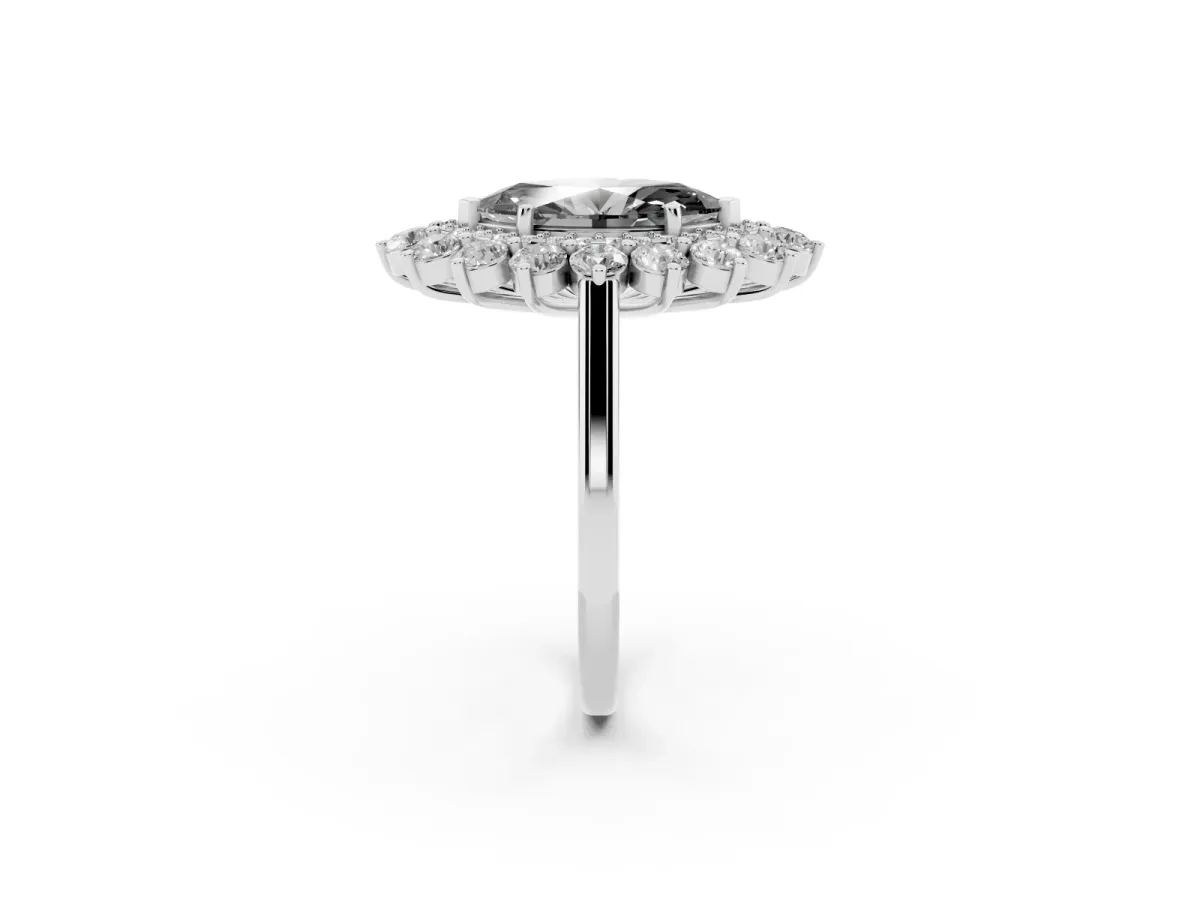 Fancy Black Marquise Cut Diamond Floral Double Halo Engagement Ring with Prong Setting Silver
