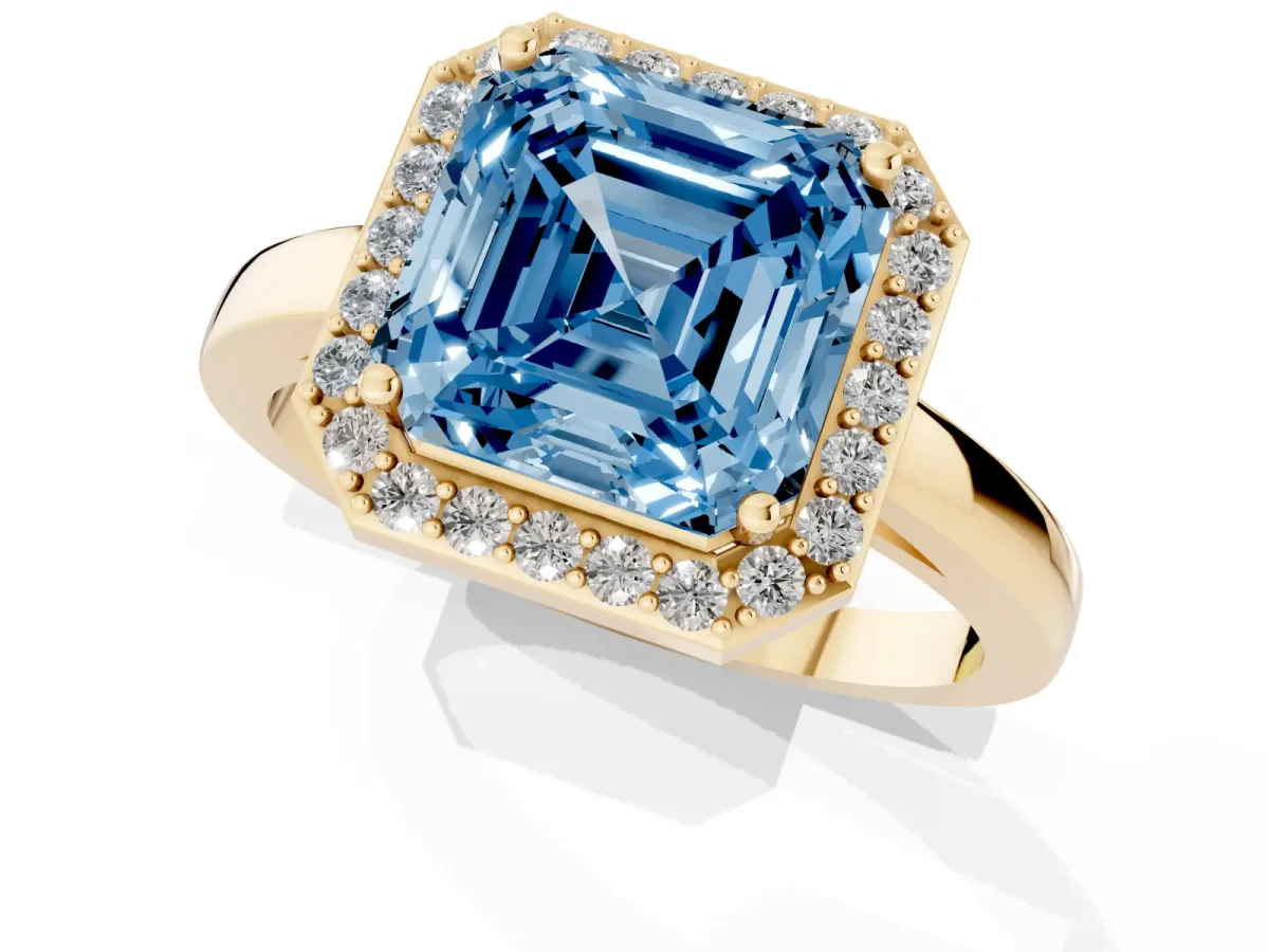 Fancy Blue Asscher Cut Halo Diamond Ring with Solitaire Band and Prong Setting Yellow gold