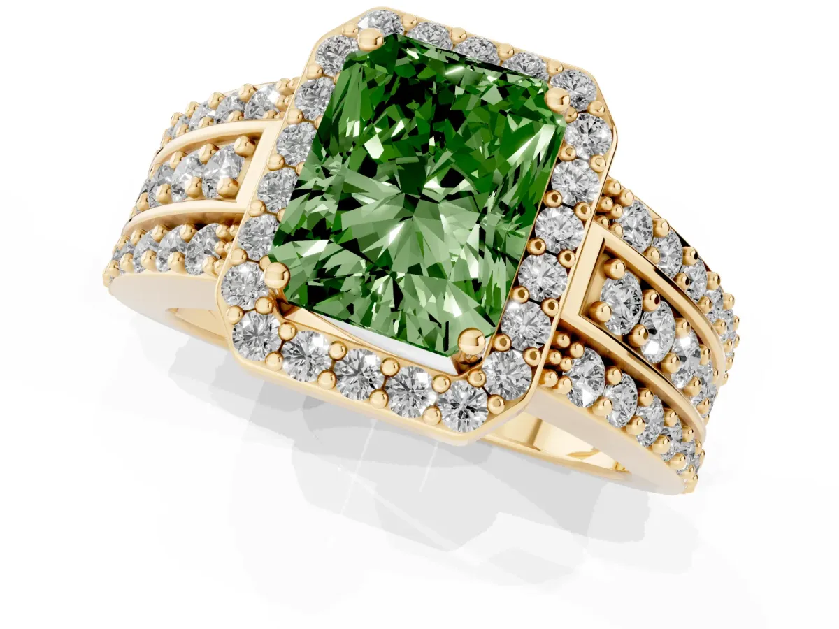Fancy Green Radiant Cut Halo Diamond Ring with Round Split Shank and Prong Setting Yellow gold