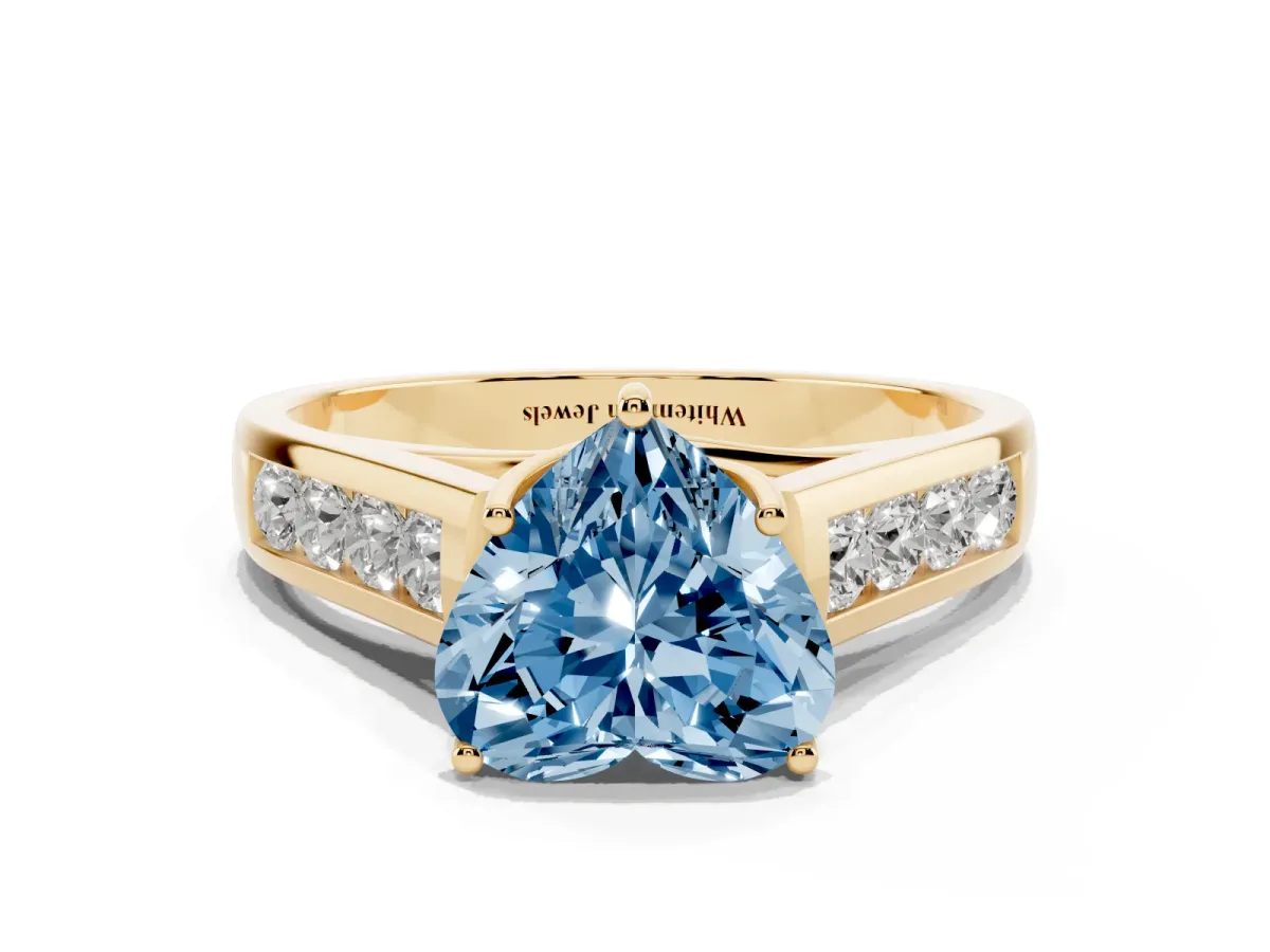 Fancy Blue Heart Cut Brilliant Channel-Set Solitaire Ring with Four-Prong Setting Yellow gold