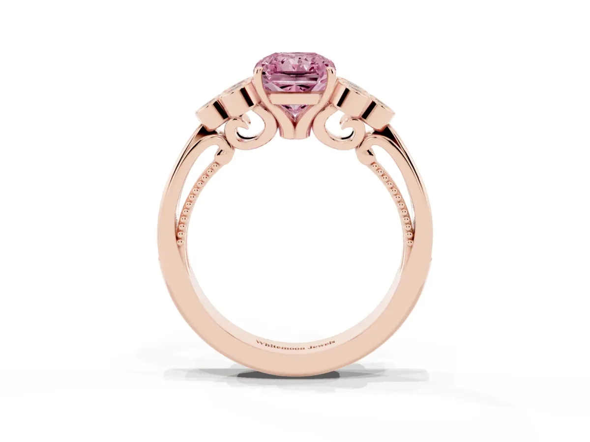 Fancy Pink Radiant Cut Cut Diamond Engagement Ring with Bezel Set Round Side Stones and Prong Setting Rose gold