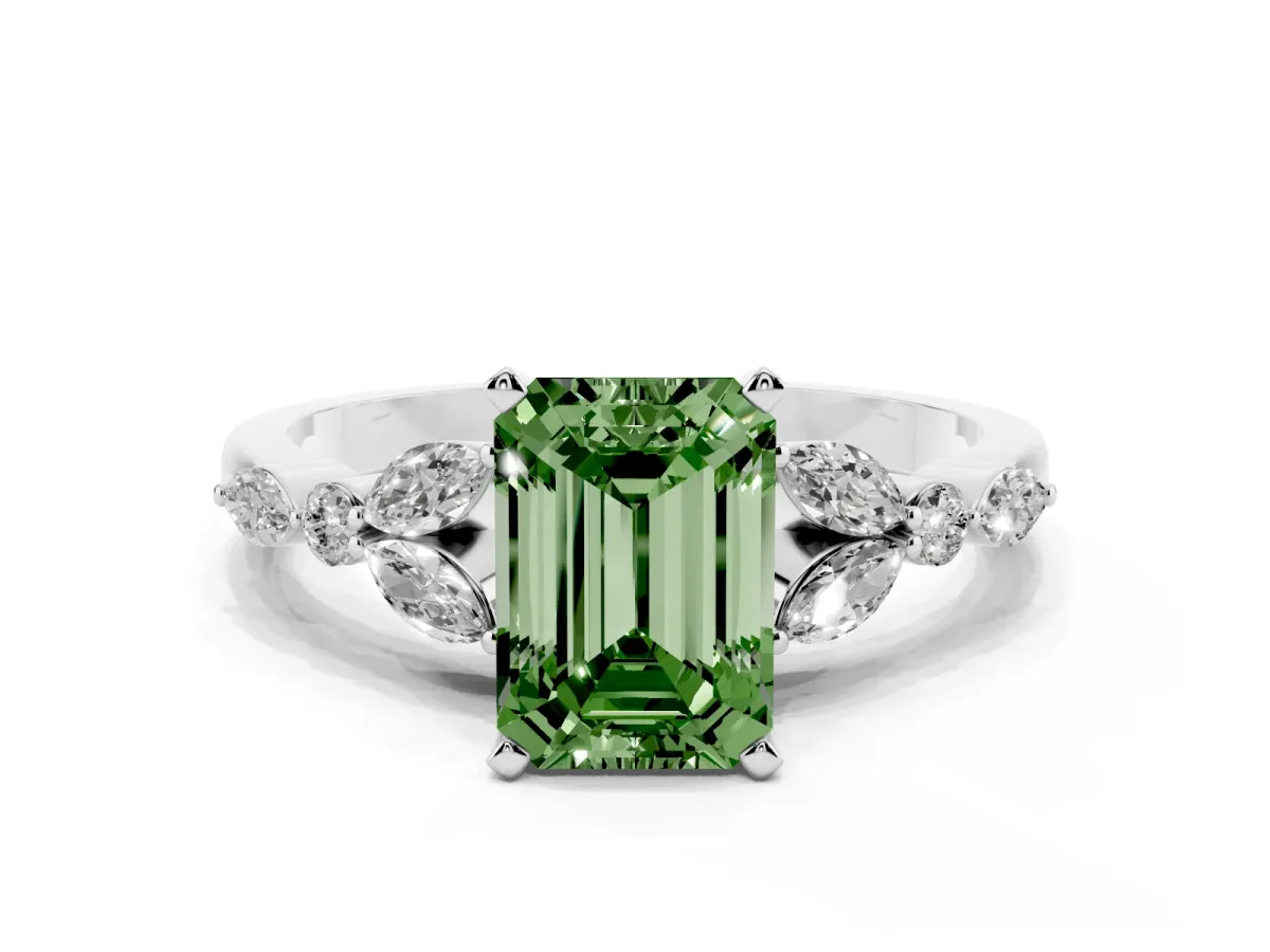 Fancy Green Emerald Cut Diamond Solitaire Ring with Side Stones and Four-Prong Setting Platinum