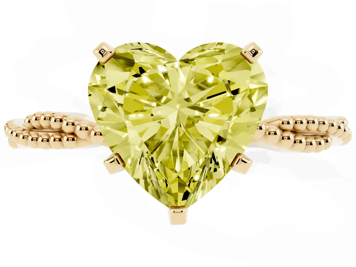 Fancy Yellow Heart Cut Solitaire Twisted Band with Bead Prong Setting Yellow gold