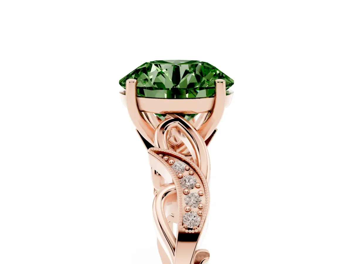 Fancy Green Round Cut Solitaire Vine Band with Milgrain Prong Setting Rose gold