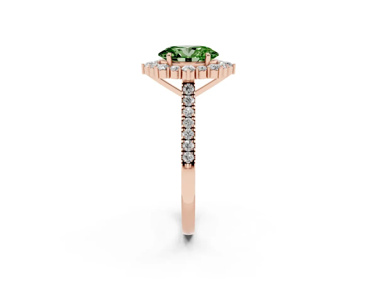 Fancy Green Oval Cut Halo Diamond Ring with Pavé Band and Prong Setting Rose gold
