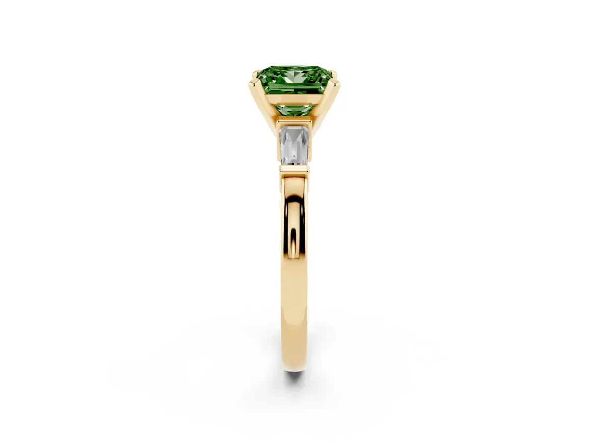 Fancy Green Princess Cut Cut Diamond Solitaire Ring with Tapered Baguette Accents and Four-Prong Setting Yellow gold