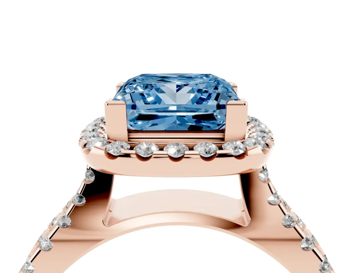 Fancy Blue Princess Cut Diamond Halo Ring with Split Shank Pavé Band and Prong Setting Rose gold