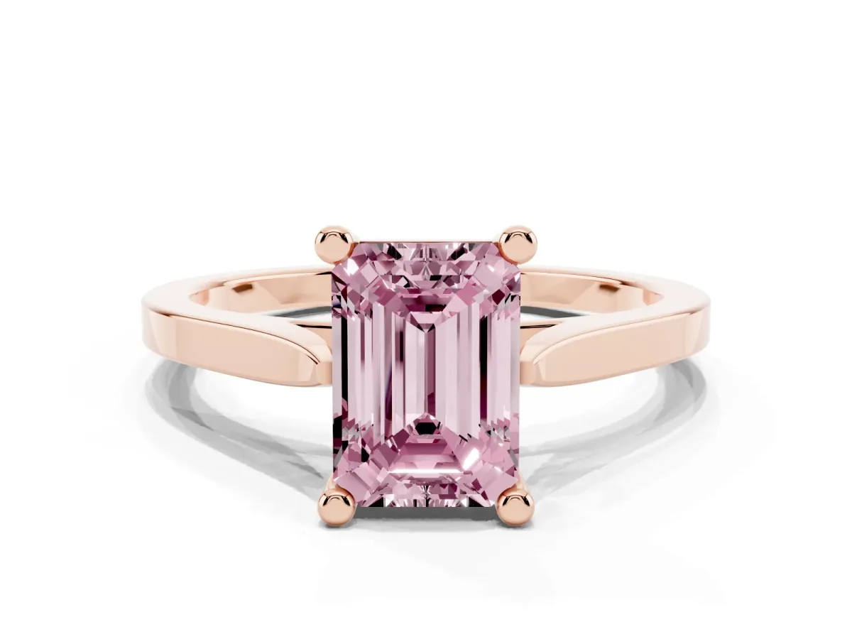 Fancy Pink Emerald Cut Solitaire Diamond Ring with Four-Prong Setting and Tapered Band Rose gold