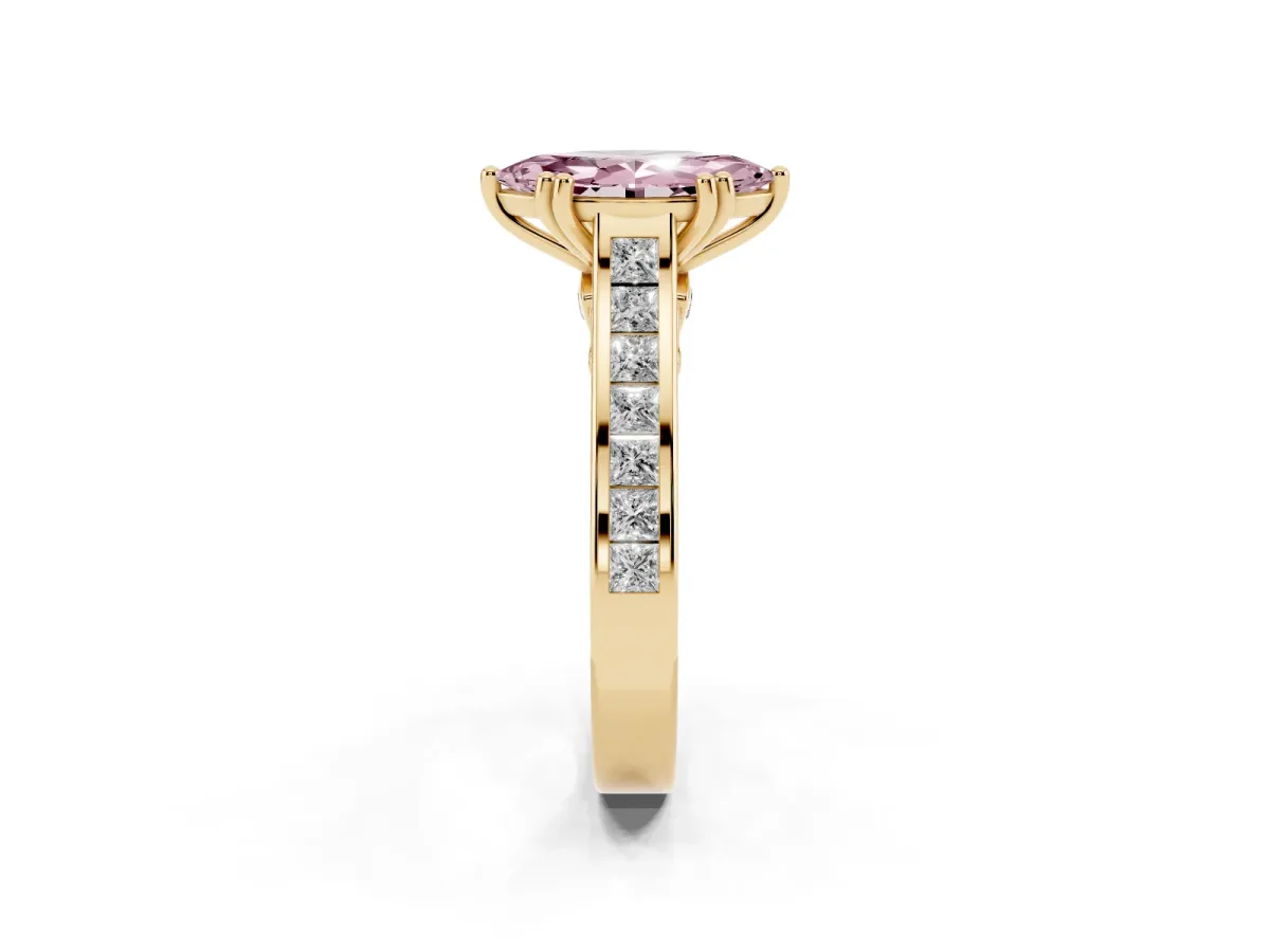 Fancy Pink Marquise Cut Cut Channel Set Solitaire Engagement Ring with Prong Setting Yellow gold