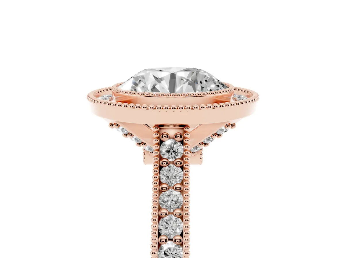 Halo Round Cut-Cut Diamond Pave Band Milgrain Prong Setting Ring Rose gold