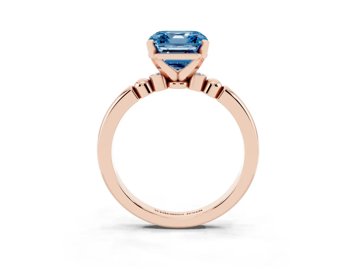 Fancy Blue Asscher Cut Solitaire Beaded Band with Four-Prong Setting Rose gold