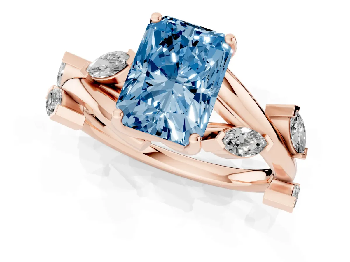 Fancy Blue Radiant Cut Solitaire Twisted Band Marquise Accent Prong Setting Ring Rose gold