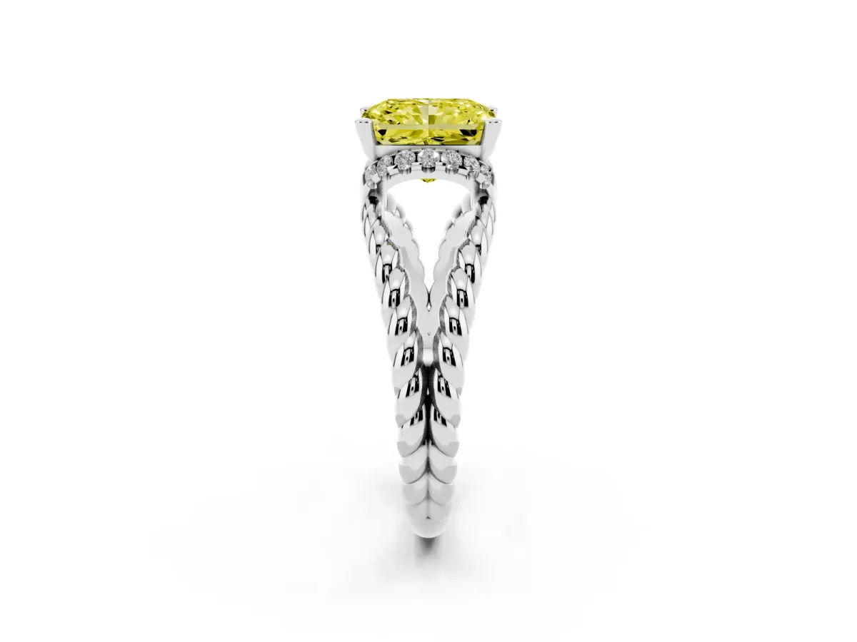 Fancy Yellow Radiant Cut Halo Twisted Band Four-Prong Ring Silver
