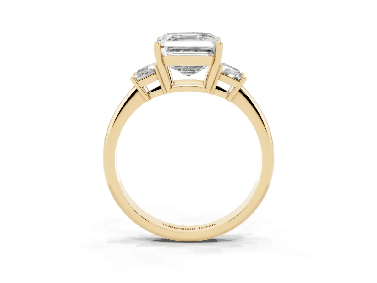 Asscher Cut Diamond Three-Stone Ring with Trapezoid Side Stones and Prong Setting Yellow gold