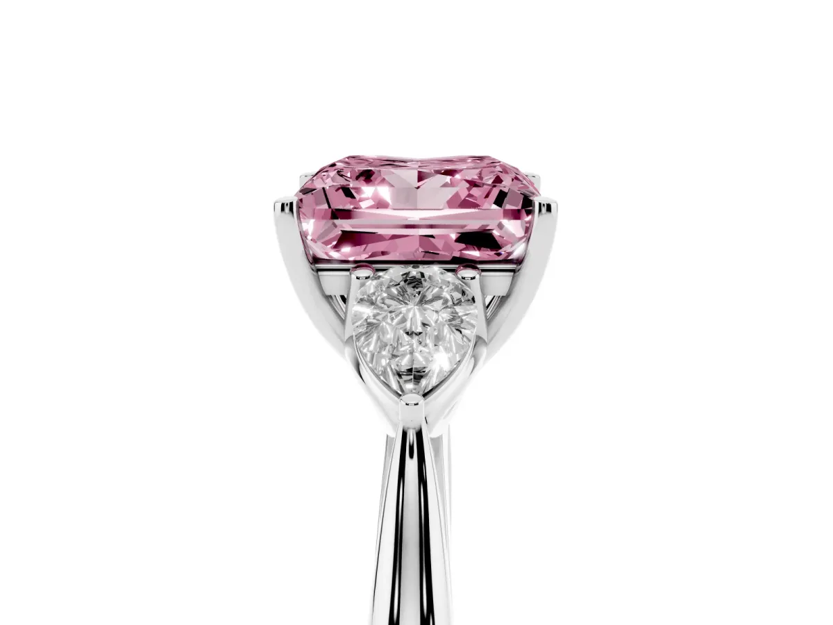 Fancy Pink Princess Cut Diamond Three-Stone Ring with Pear Side Stones and Prong Setting Silver