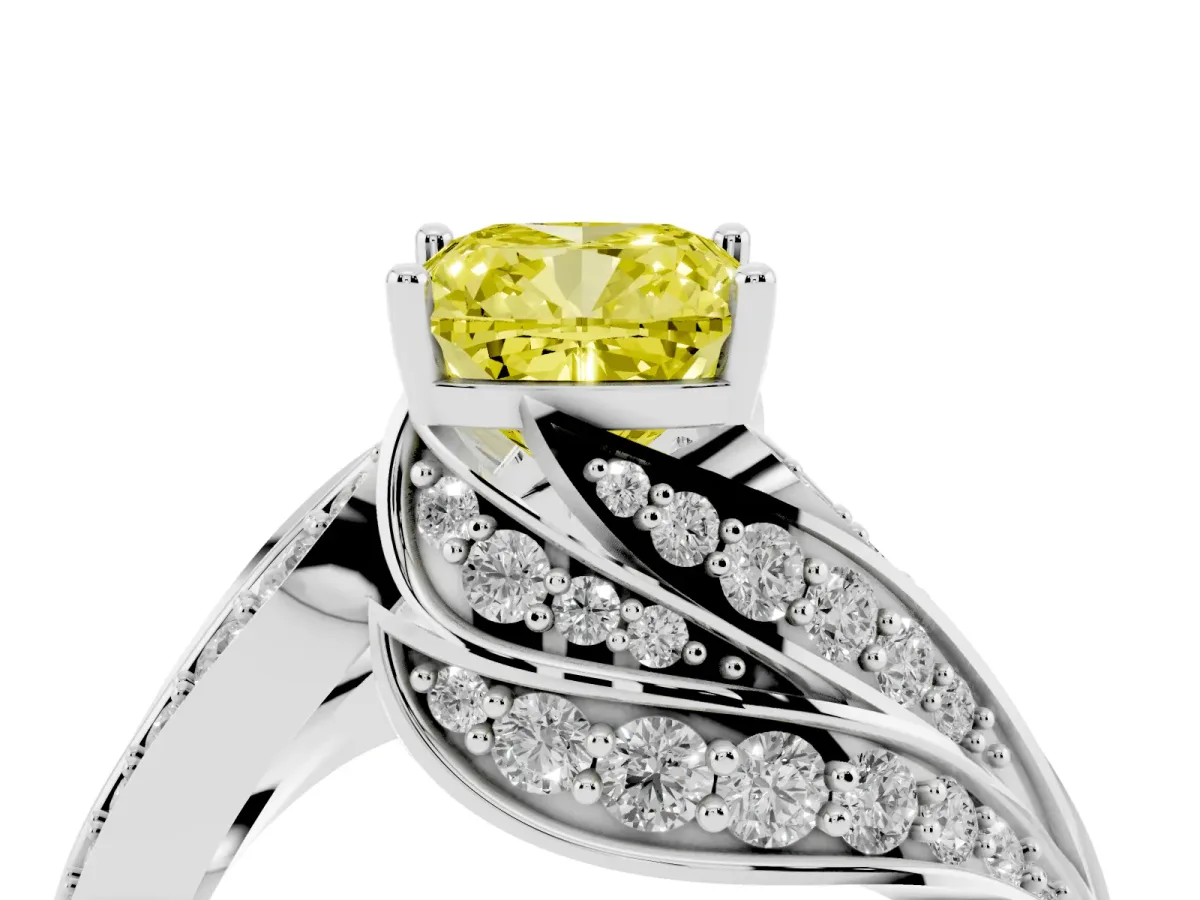 Fancy Yellow Cushion Cut Diamond Solitaire Ring with Prong Setting and Twisted Pavé Band Silver