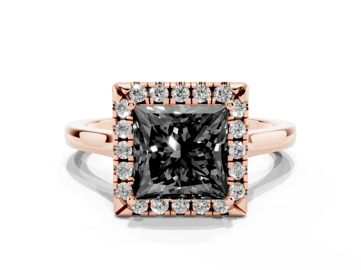 Fancy Black Princess Cut Halo Round Diamond Solitaire Ring with Pavé Band and Four-Prong Setting Rose gold