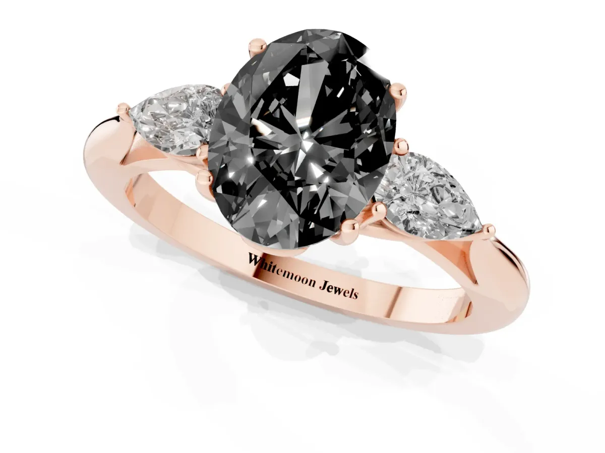 Fancy Black Three-Stone Oval Cut Brilliant Diamond Solitaire Ring with Tapered Band and Four-Prong Setting Rose gold