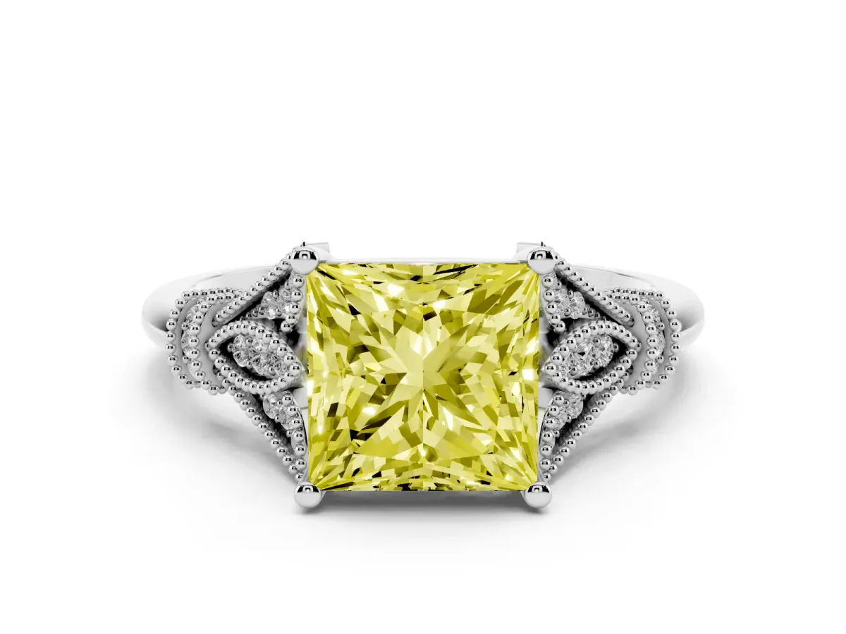 Fancy Yellow Princess Cut Diamond Solitaire Ring with Floral Filigree and Pave Accents White gold