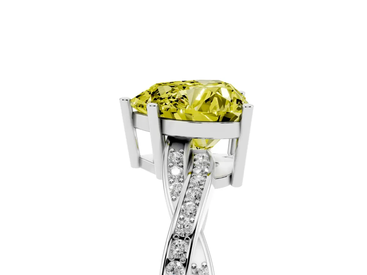 Fancy Yellow Heart Cut Solitaire Twisted Pave Diamond Ring with Four-Prong Setting White gold