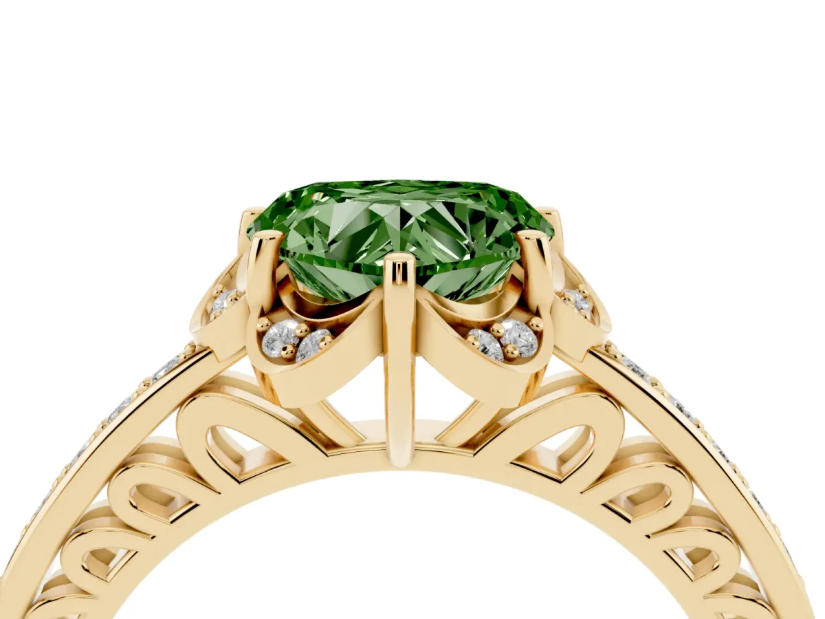 Fancy Green Heart Cut Cut Halo Diamond Ring with Channel Set Band and Four-Prong Setting Yellow gold