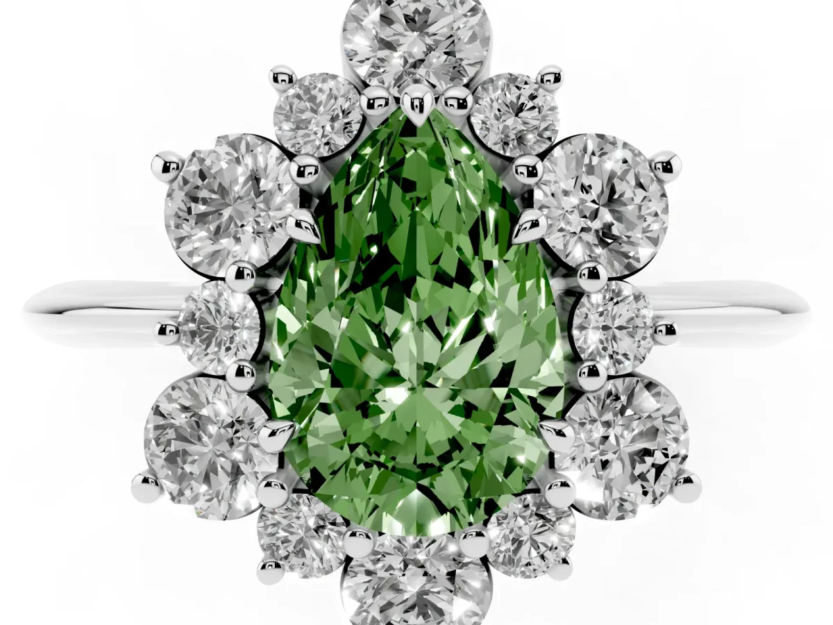 Fancy Green Pear Cut Diamond Cluster Halo Ring with Solitaire Band and Four-Prong Setting Silver