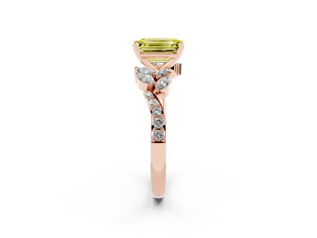 Fancy Yellow Emerald Cut Solitaire Marquise Twist Band with Six-Prong Setting Rose gold