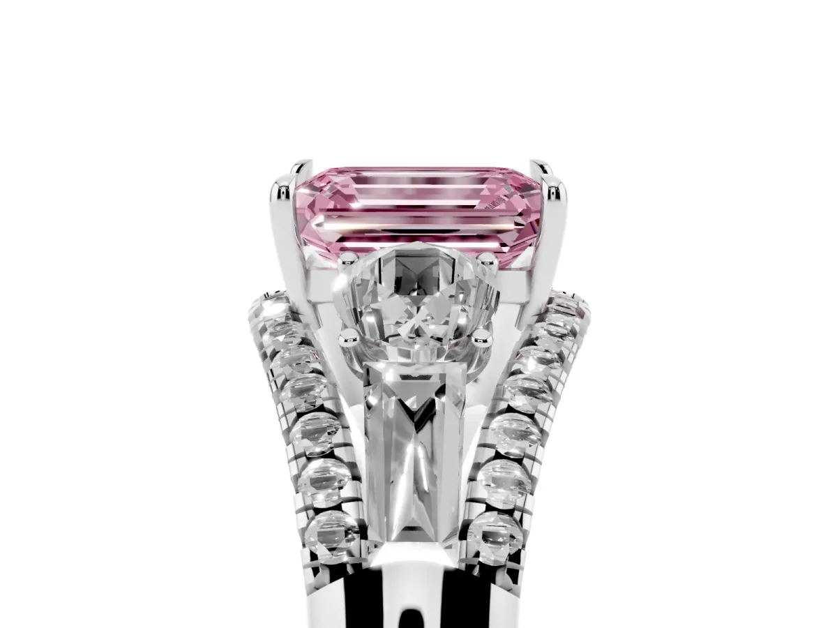 Fancy Pink Three-Stone Emerald Cut Diamond Engagement Ring with Pave Band and Prong Setting Silver