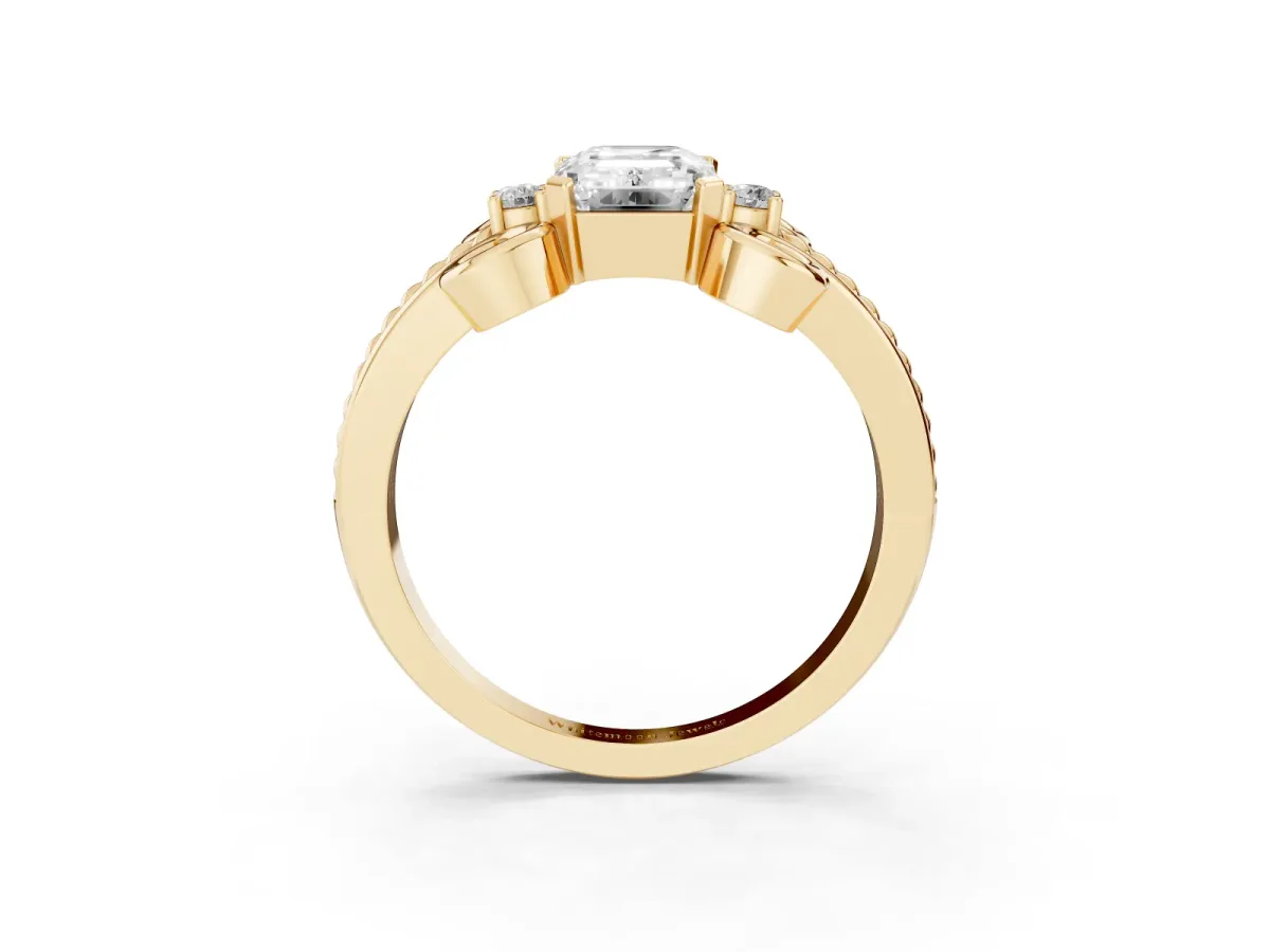 Emerald Cut Solitaire Twisted Band Scroll Prong Ring Yellow gold