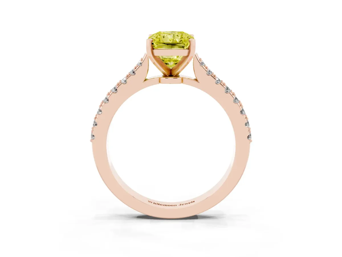 Fancy Yellow Radiant Cut Cut Solitaire Diamond Engagement Ring with Pave Band and Four-Prong Setting Rose gold