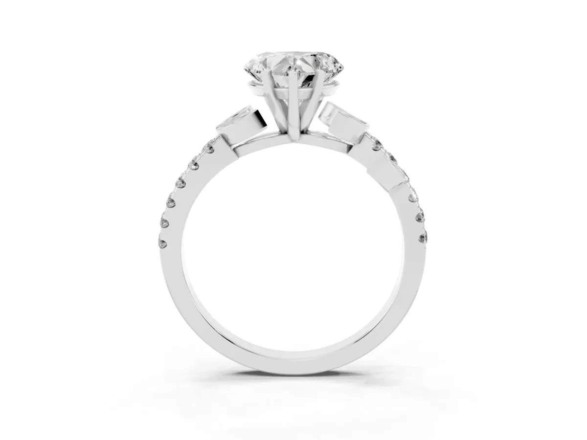 Heart Cut Solitaire Leaf-Inspired Diamond Ring with Pavé Band and Four-Prong Setting Silver
