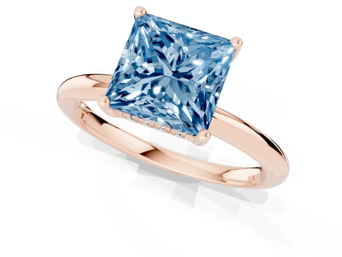 Fancy Blue Princess Cut Cut Solitaire Engagement Ring with Four-Prong Setting and Classic Band Rose gold