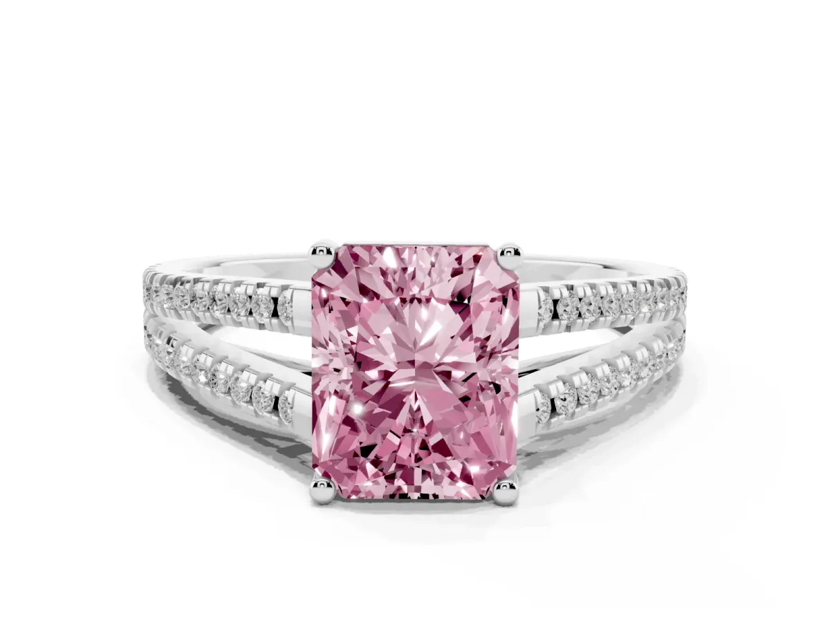 Fancy Pink Radiant Cut Diamond Solitaire Engagement Ring with Split Shank Pavé Band Silver