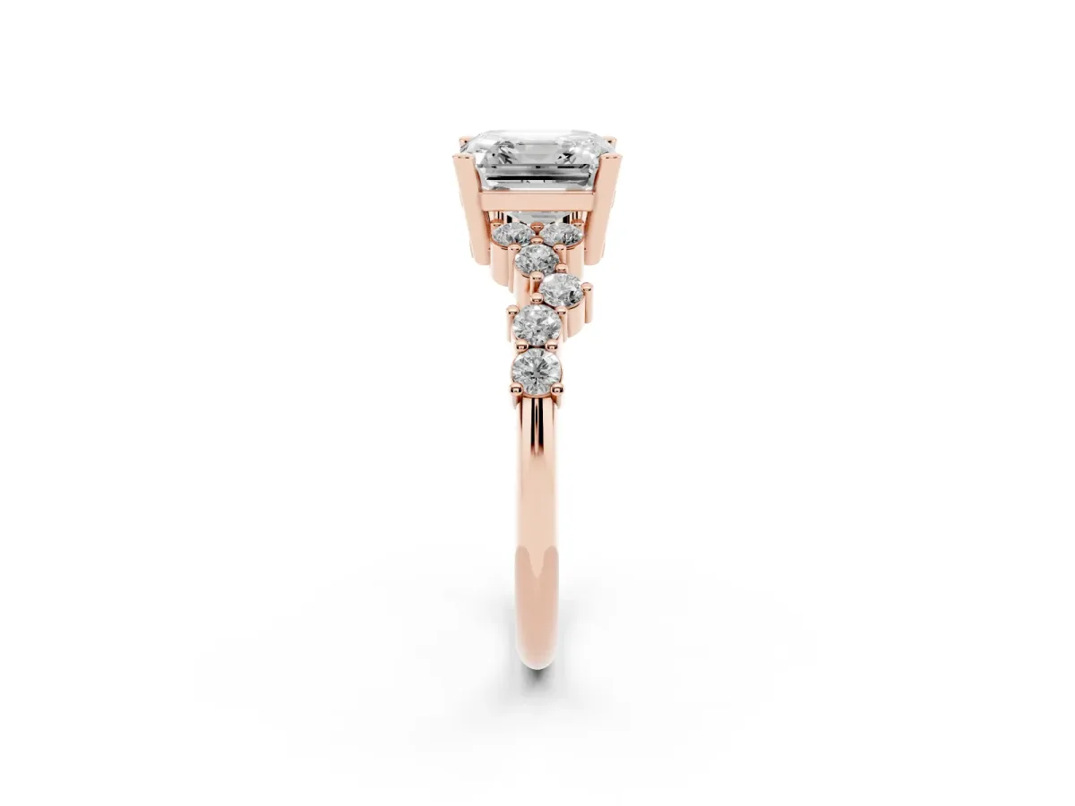 Asscher Cut Diamond Scattered Round Accent Ring with Prong Setting Rose gold