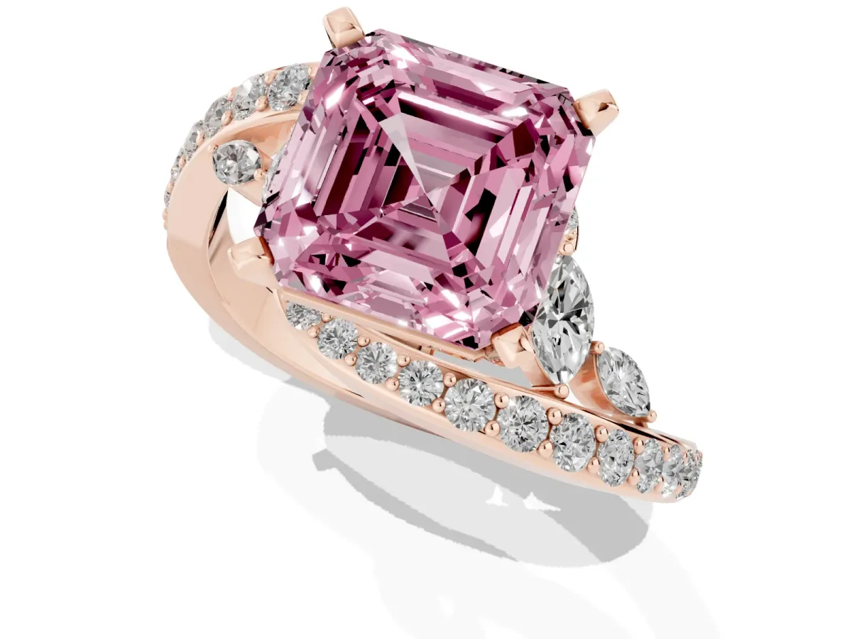 Fancy Pink Asscher Cut Solitaire with Pavé Twist Band and Four-Prong Setting Rose gold
