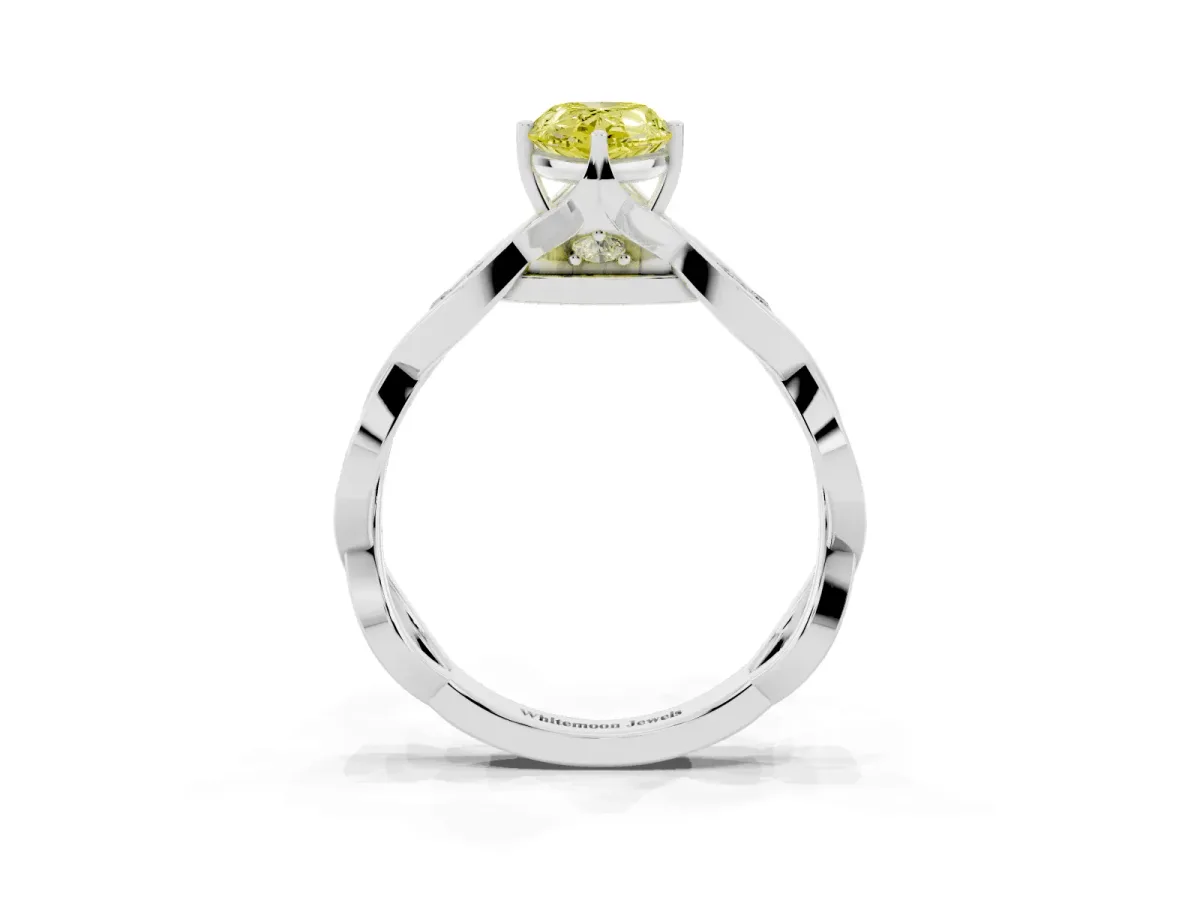 Fancy Yellow Pear Cut Solitaire Twist Band with Leaf Prong Setting White gold
