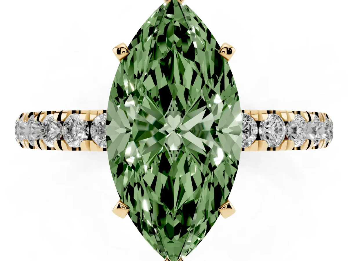 Fancy Green Marquise Cut Diamond Solitaire Ring with Pavé Accents and Four-Prong Setting Yellow gold
