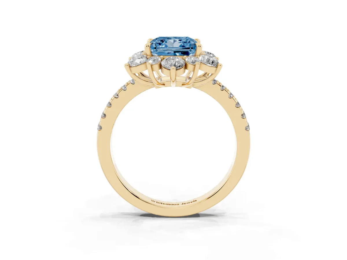 Fancy Blue Princess Cut Diamond Floral Halo Ring with Round Pavé Band and Prong Setting Yellow gold