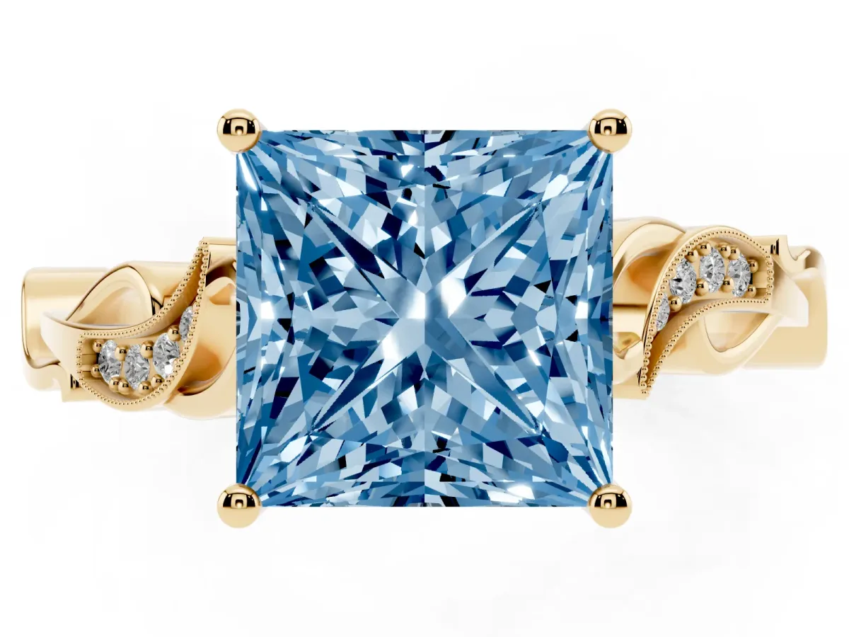 Fancy Blue Princess Cut Solitaire Vine Band with Milgrain Prong Setting Yellow gold