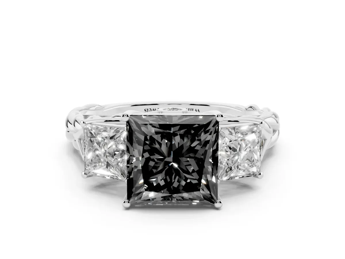 Fancy Black Three-Stone Princess Cut Diamond Braided Band Ring with Four-Prong Setting Platinum