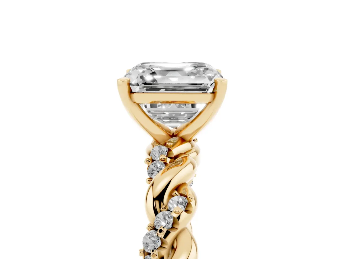 Asscher Cut Diamond Solitaire Ring with Twisted Band and Pavé Accents Yellow gold