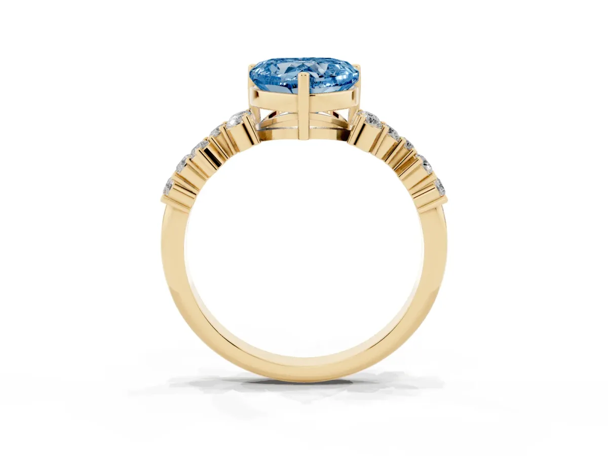 Fancy Blue Heart Cut Diamond Scattered Round Accent Ring with Prong Setting Yellow gold