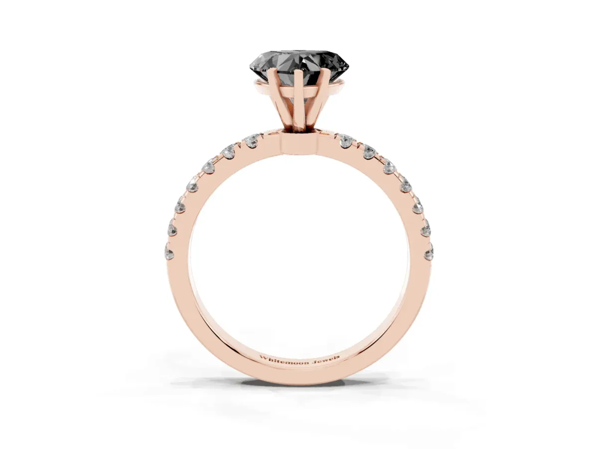Fancy Black Heart Cut Diamond Solitaire Ring with Pavé Accents and Four-Prong Setting Rose gold